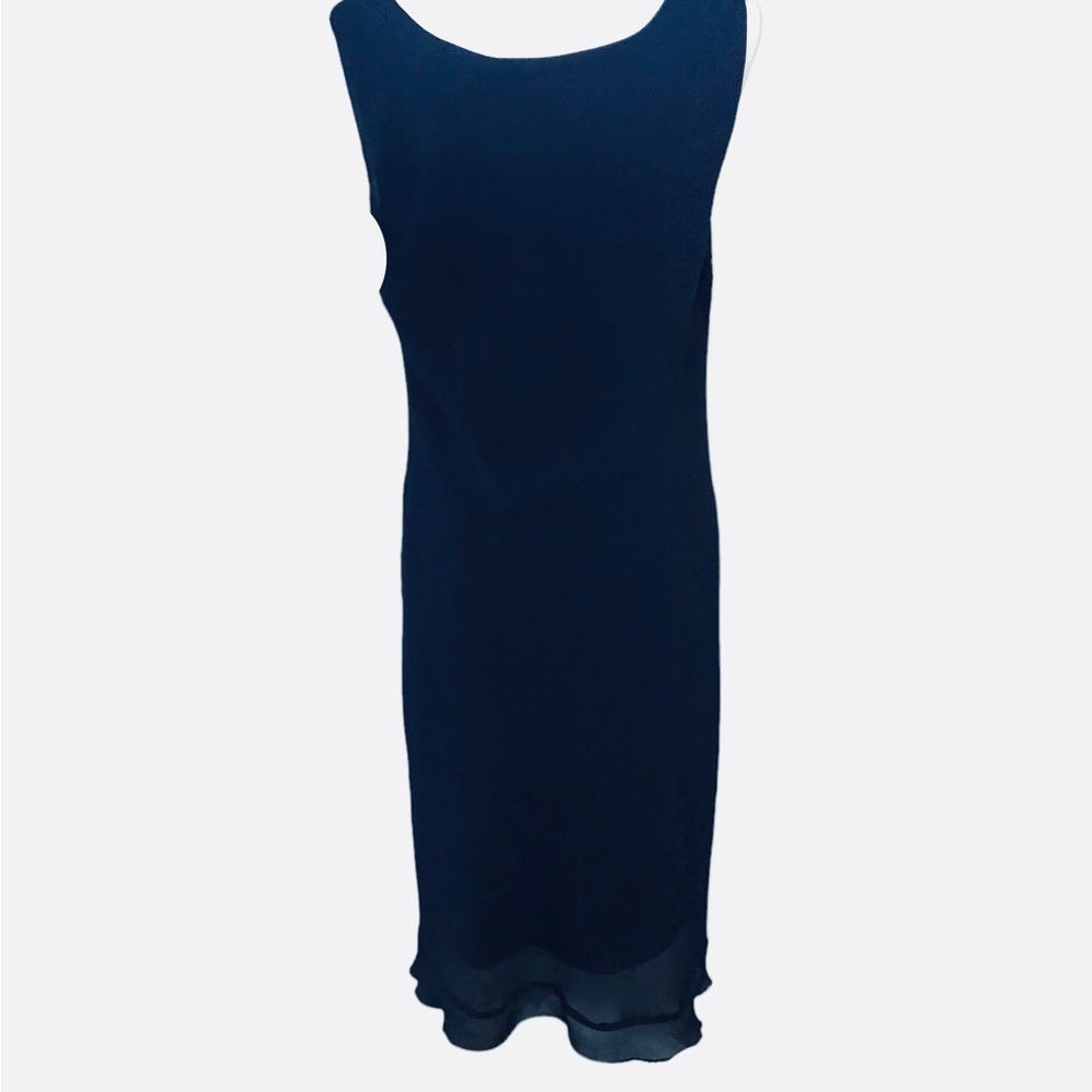 J.G. HOOK Navy Blue Crepe Sleeveless Sheath W/Sheer Ruffle Bottom. S:16. $25.